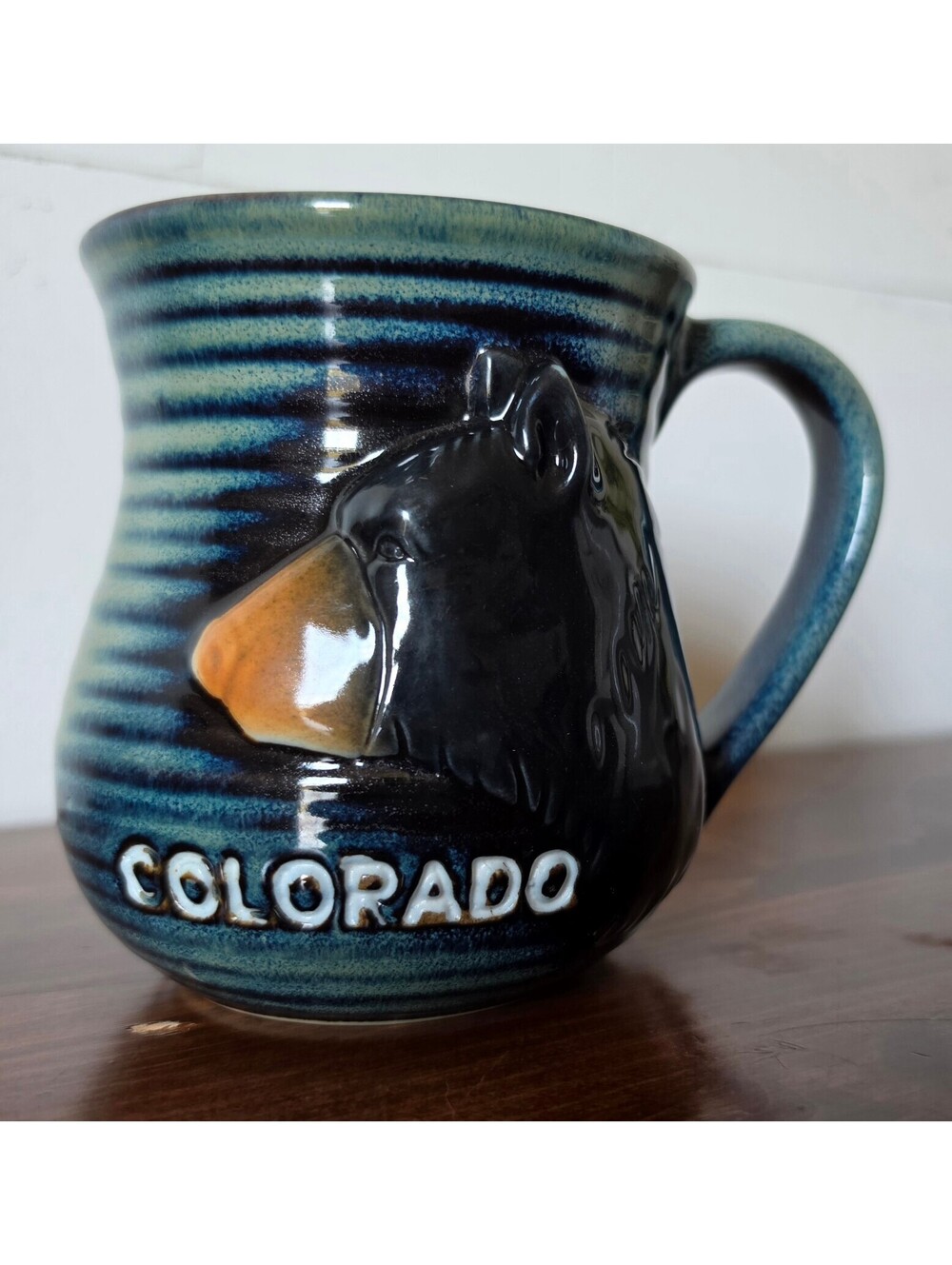 Colorado Bear Mug 3D Raised Ceramic Coffee Cup Blue Grn Drip Glaze Souvenir,415